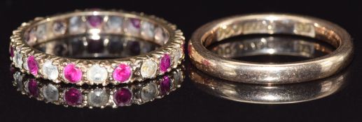 A 9ct gold band and a 9ct gold eternity ring set with paste, size K, 4.1g