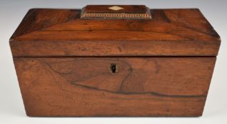 19thC rosewood tea caddy with inlaid mother of pearl diamond to lid, opening to reveal two