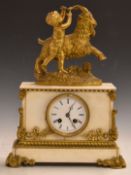 French 19thC mantel clock, the white onyx case with gilt furnishings surmounted by Bacchanalian