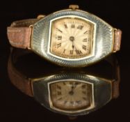 Asprey 18ct gold tonneau shaped wristwatch with blue guilloché enamel set case, black Roman