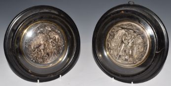 Pair of 19thC glazed Grand Tour relief moulded plaster plaques of classical scenes, diameter 22cm