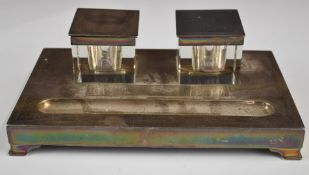Art Deco hallmarked silver desk stand with engine turned decoration and two cut glass inkwells