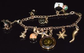 A 9ct gold charm bracelet with nine 9ct gold charms including starfish, swivel fob, handbag,