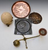 Brass and copper candlestick in 16th/17thC style, copper tray with impressed M or W mark, bronze
