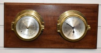 Garrard brass clock and barometer compendium mounted on a wooden plaque, in original Garrard box
