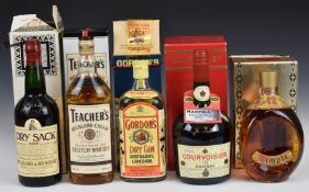 Four bottles of spirits including Courvoisier cognac, Dimple Whisky, vintage Gordon's gin and a