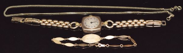 A 9ct gold bracelet, 9ct gold necklace (7g) and 9ct gold watch