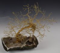 Patrick Drinkwater (Trowbridge artist) gold plated model of a tree on a geode segment, length