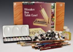 A collection of artist's materials including Rowney and Winsor & Newton, oils, acrylic, brushes etc,