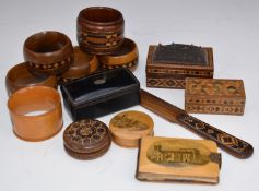 A collection of Mauchlinware / Tunbridgeware including a pin cushion box, Hythe Church / Hythe