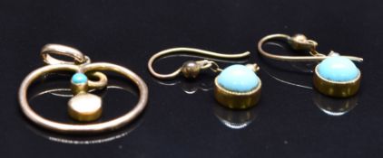 Edwardian 9ct rose gold pendant set with split pearl and turquoise and a pair of Edwardian earrings