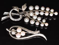 Two silver Mikimoto brooches set with cultured pearls, both marked Mikimoto Tokyo