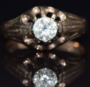 A 9ct gold ring set with a round cut diamond of approximately 0.4ct, size N, 3.3g