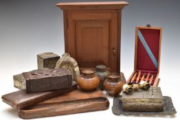 Eastern silver plated boxes and other decorative metal ware, Jerusalem olive wood desk stand,