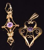 Two Edwardian 9ct gold pendants, one set with amethyst and seed pearls, 3g