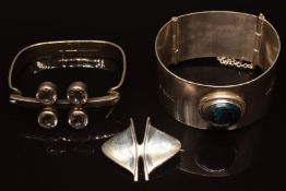 Norwegian silver brooch, Finnish silver bangle and silver bangle set with a cabochon