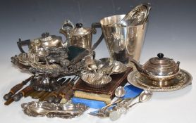 Silver plated items to include Sheffield plate shell shaped dish, cruet stand, ice pail or bucket,