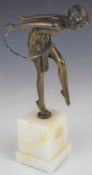 Bronze Art Deco style flapper girl on marble plinth, H27cm