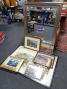 A large contemporary mirror together with pictures and prints