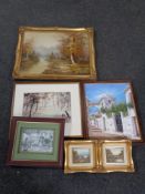 A James Dorens signed watercolour - Autumn woodland together with five other framed pictures