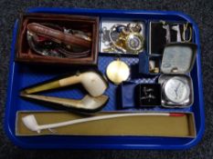 A tray of costume jewellery, pipes in case,