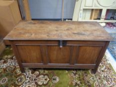 A 19th century oak coffer, height 69.5 cm, width 133 cm, depth 59 cm.