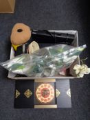 A box of household sundries to include tea light holders, artificial plants, wall clock,