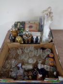 Two boxes of ceramic figures, glass,