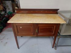 A late Victorian inlaid mahogany marble topped wash stand