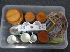 A crate of Hornsea storage jars, Ringtons coffee cups,