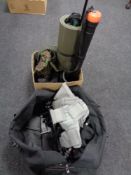 A box and a bag of camping mat, walking stick, photographic attachment pole,