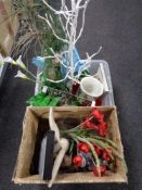 Two boxes of house hold sundries including china table lamp, glass vase, artificial flowers,