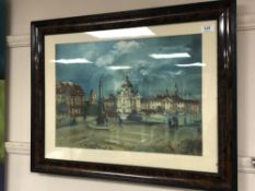 Antoni Sulek : Figures in a Town Square, oil on board, signed, 36 cm x 50 cm, framed.