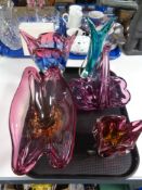 A tray of decorative coloured art glass and vases