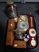 A tray of nautical reproduction pieces including telescope, barometer, lamps,