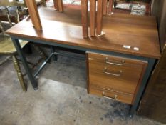 A nest of teak tiled tables together with pedestal desk