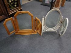 A white and gilt triple dressing table mirror together with a pine triple mirror
