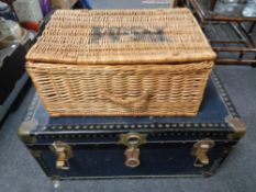 A wicker basket together with a vintage trunk