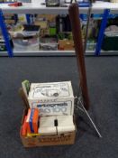 A box of photographic items, point driver music stand,