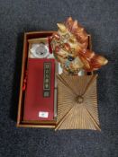 An oriental style lacquered tray, miniature folding screen, scent flask and a ceramic lion figure.