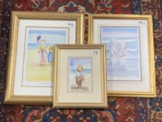 Faye Whittaker : Study of a Young Boy on a Beach Holding a Teddy Bear, watercolour, signed,