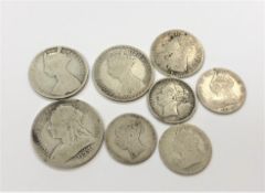A group of Victorian coins to include 1893 half crown, Gothic florin, 1849 florin,