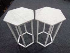 A pair of hexagonal marble topped plant stands on metal legs CONDITION REPORT: