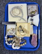 A tray of costume jewellery, watch,