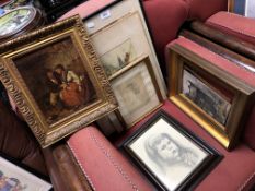 An antiquarian gilt framed oil on canvas together with one further oil painting, pen & ink study,