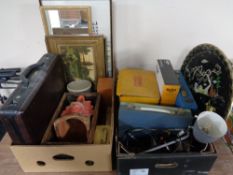 Two boxes of pictures, suitcase,