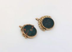 Two antique gold agate fobs (2)