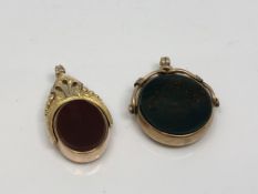 Two antique agate gold mounted fobs