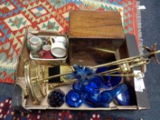 A box of brass fire companion set, Victorian jewellery box,