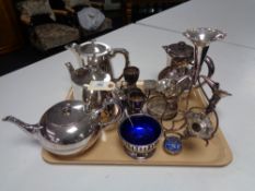 A four piece silver plated tea service together decorative epergne and other silver plated items.